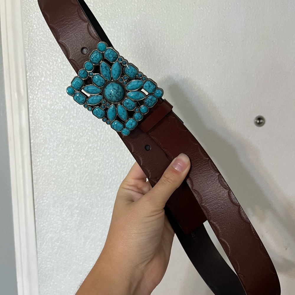 Brown Leather Belt with Turquoise Buckle